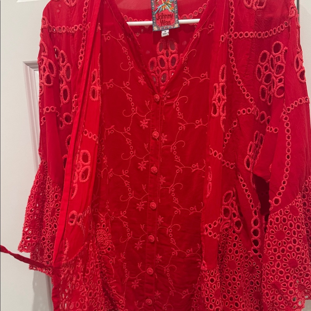 JOHNNY WAS XANTHOS RAE BLOUSE Embroidered Frilly Eyelet Red Sz Medium - Picture 6 of 13